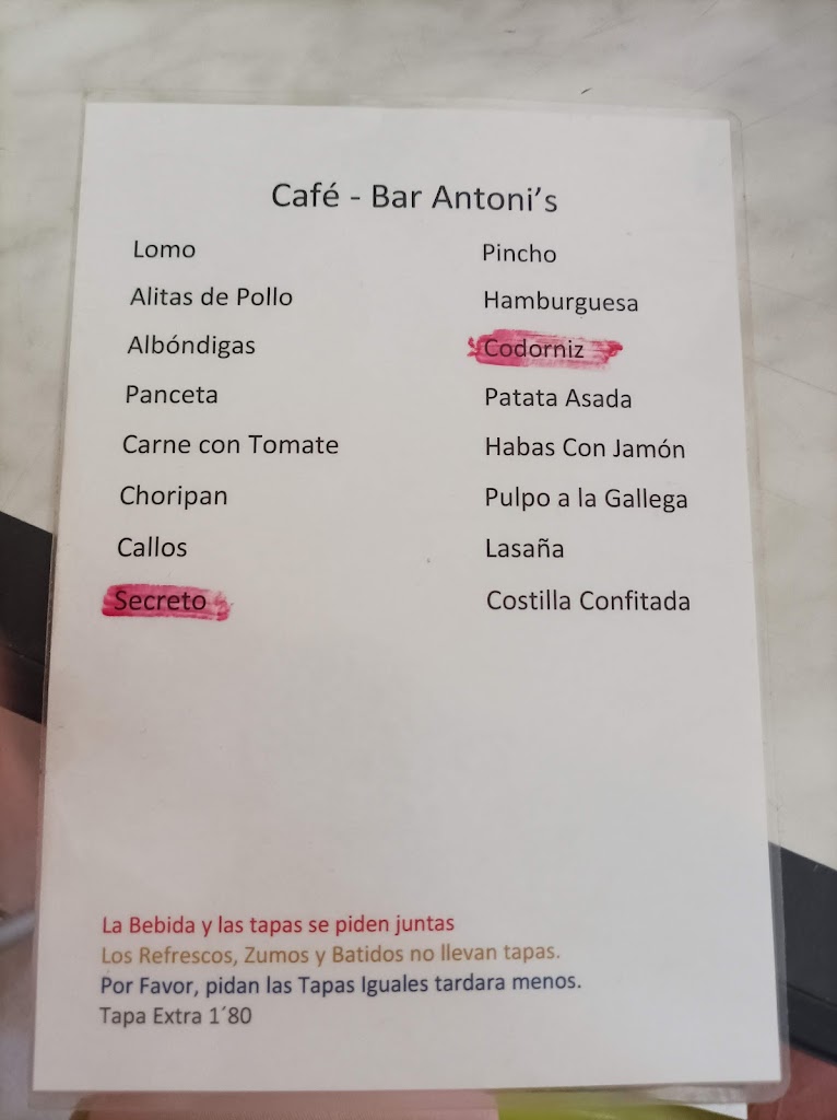 Cafe-Bar Antoni's — Carta