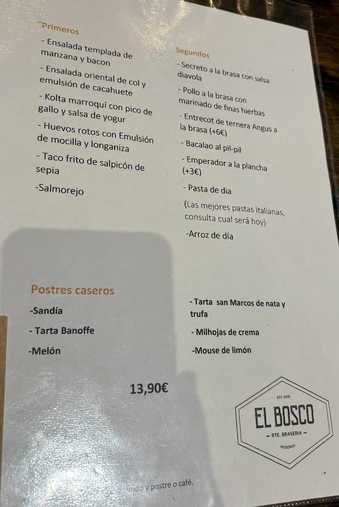 Restaurant El Bosco — Carta
