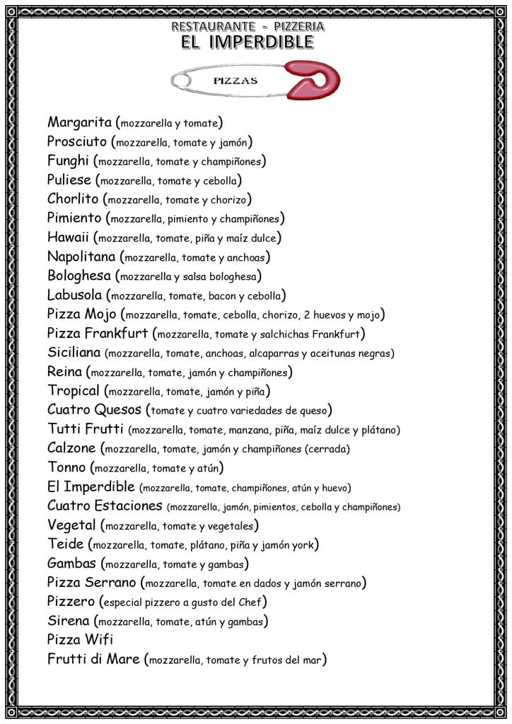 Restaurante Pizzeria El Imperdible — Carta