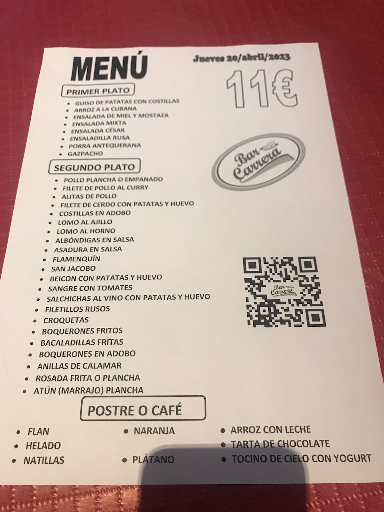Bar Carrera — Carta