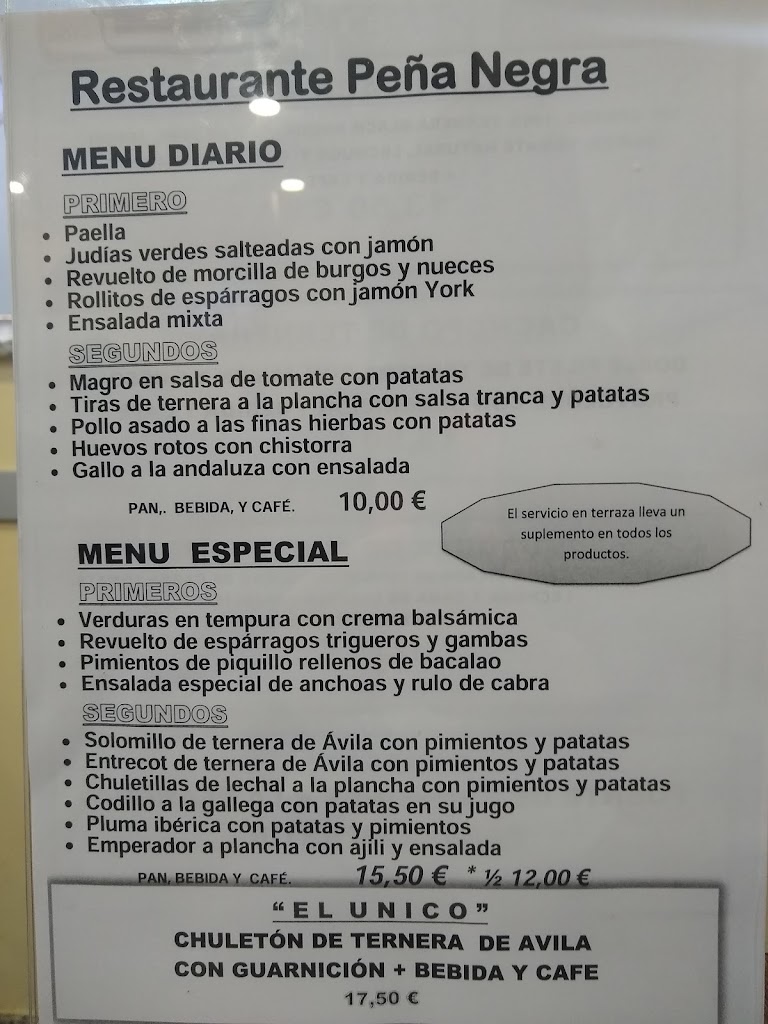 Restaurante Pena Negra — Carta