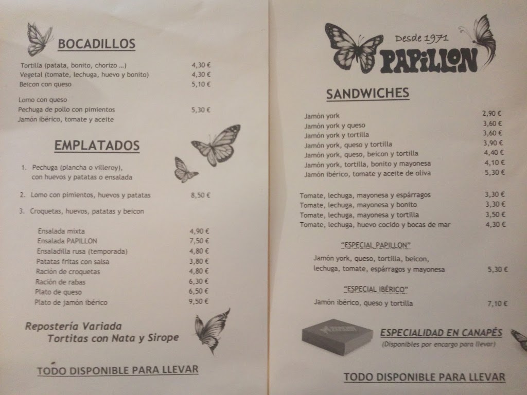 Cafe Bar Papillon — Carta