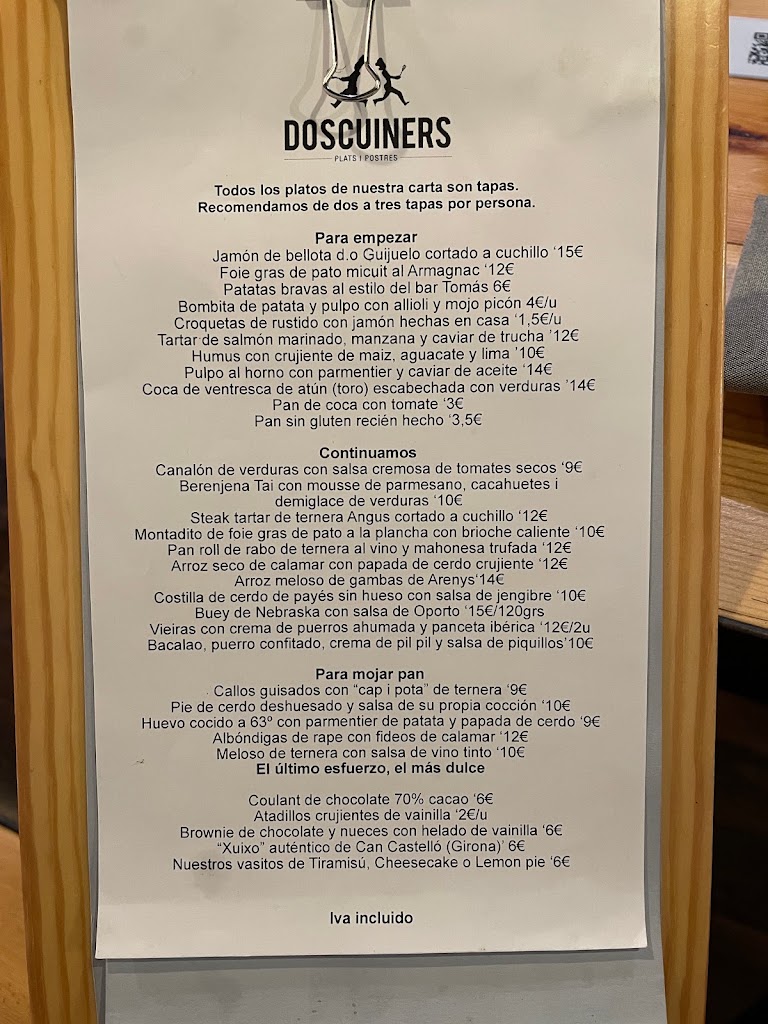 Restaurant Dos Cuiners — Carta