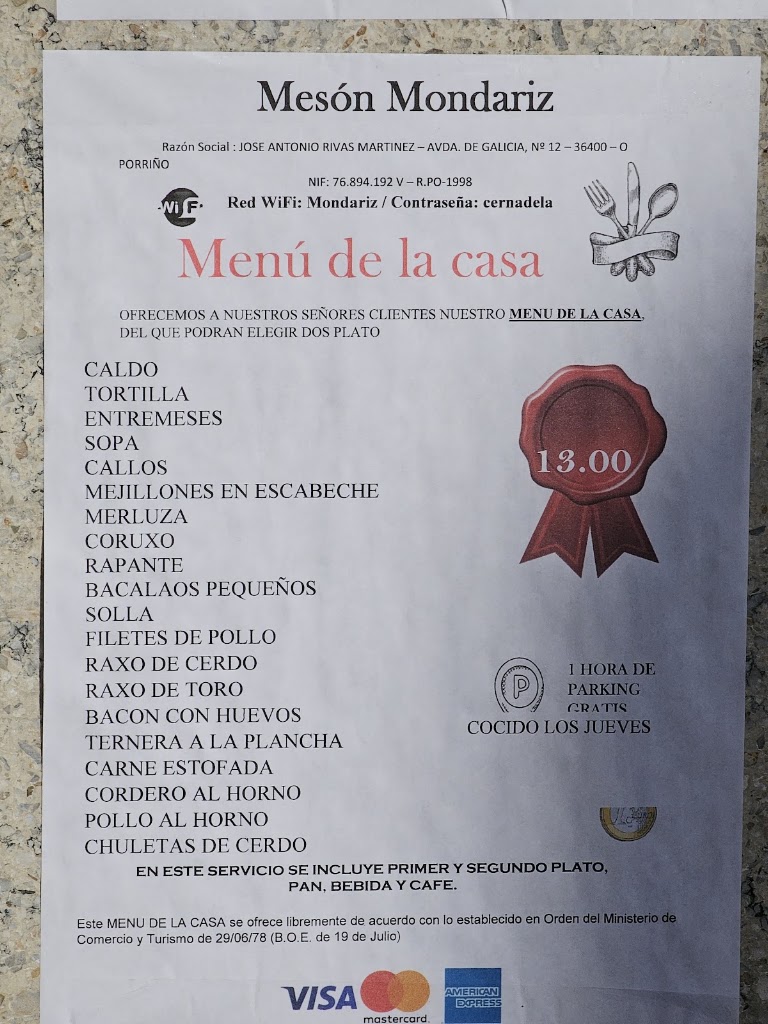 Restaurante Mondariz — Carta