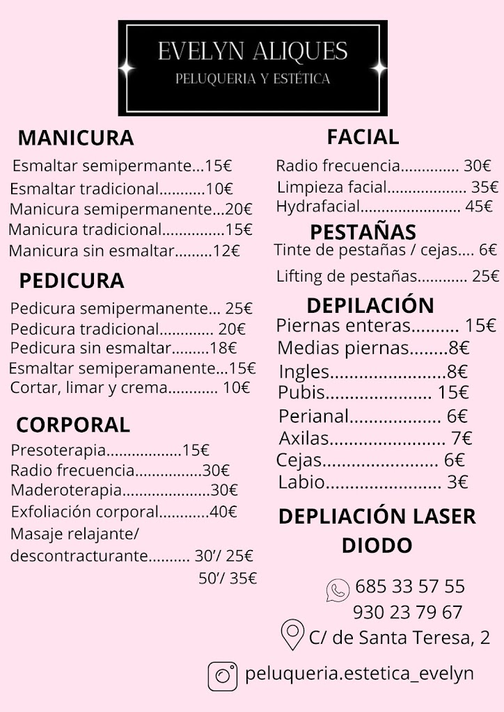 Evelyn Aliques peluqueria y estetica — Carta