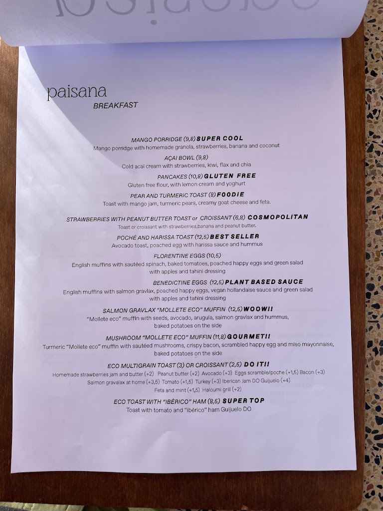 Restaurante Paisana — Carta