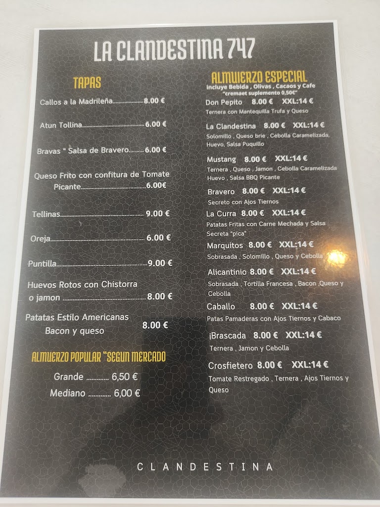Restaurante La Clandestina 747 — Carta