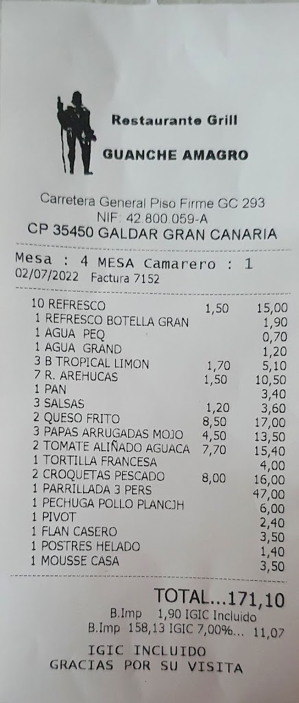 Restaurante Grill Guanche Amagro — Carta
