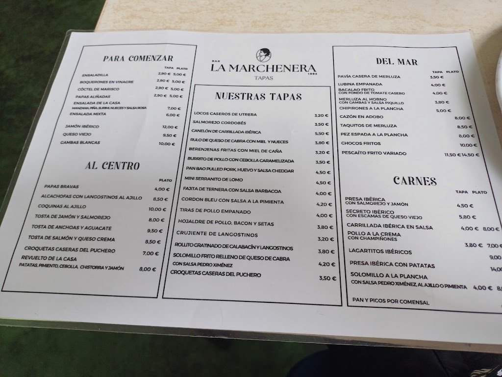 Bar restaurante La Marchenera Tapas — Carta