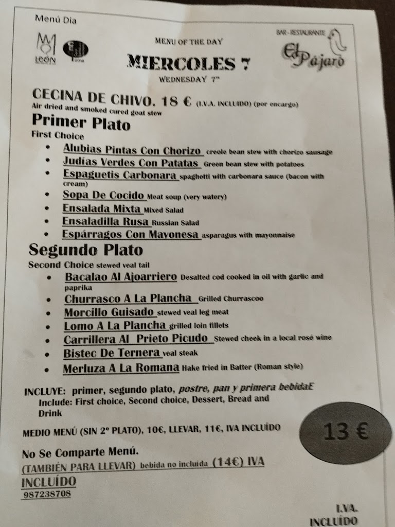 Hosteleria Restaurante El Pajaro — Carta