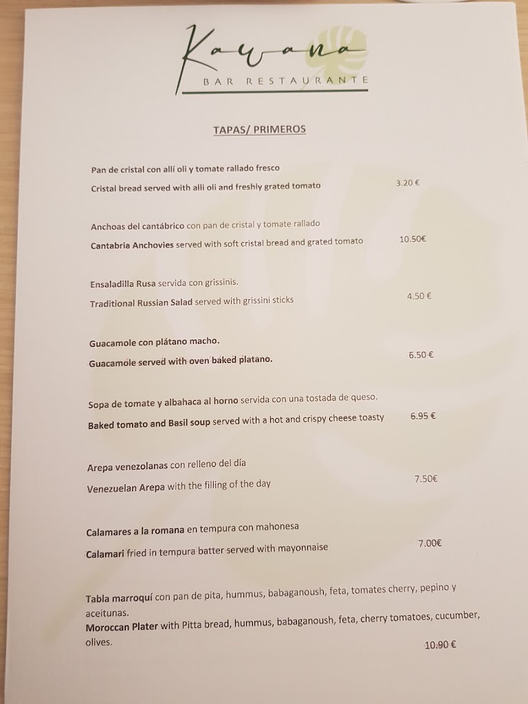 KAWANA Bar restaurante — Carta