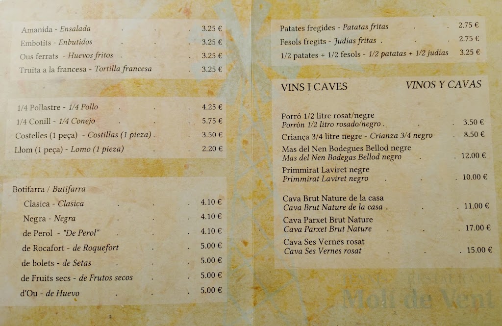 Restaurant Moli de Vent — Carta
