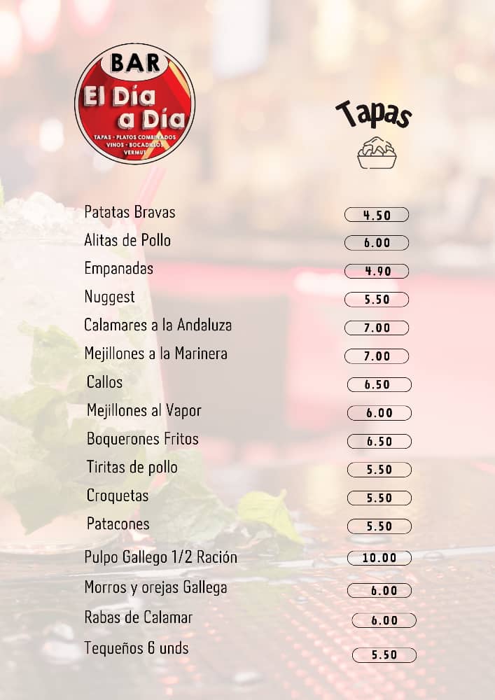 Bar El Dia a Dia — Carta