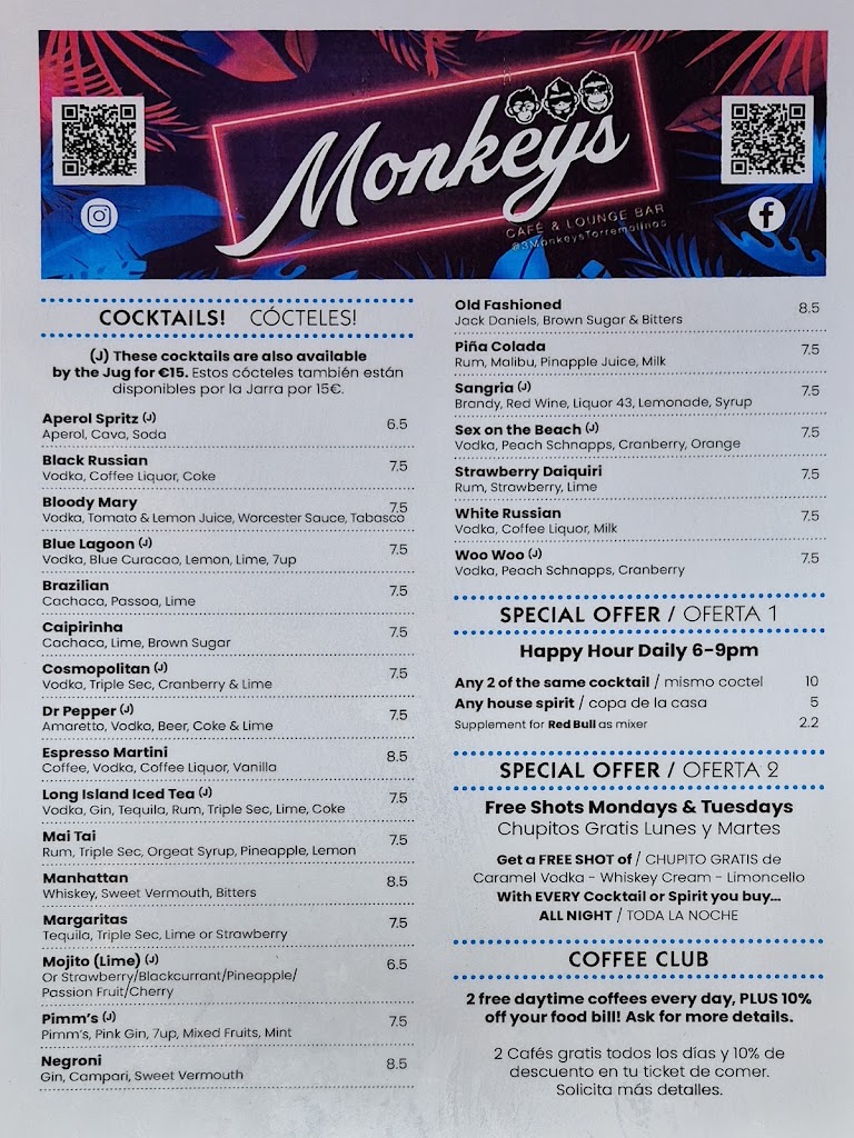 3 Monkeys Torremolinos — Carta