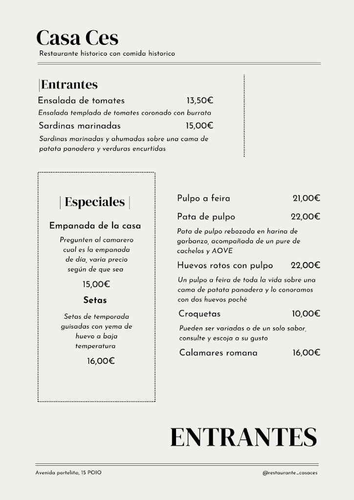 Restaurante Casa Ces — Carta