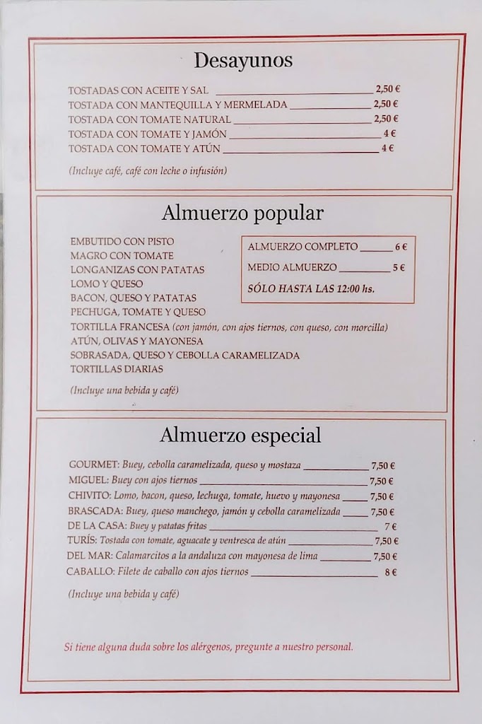 Restaurante Bar Turis — Carta