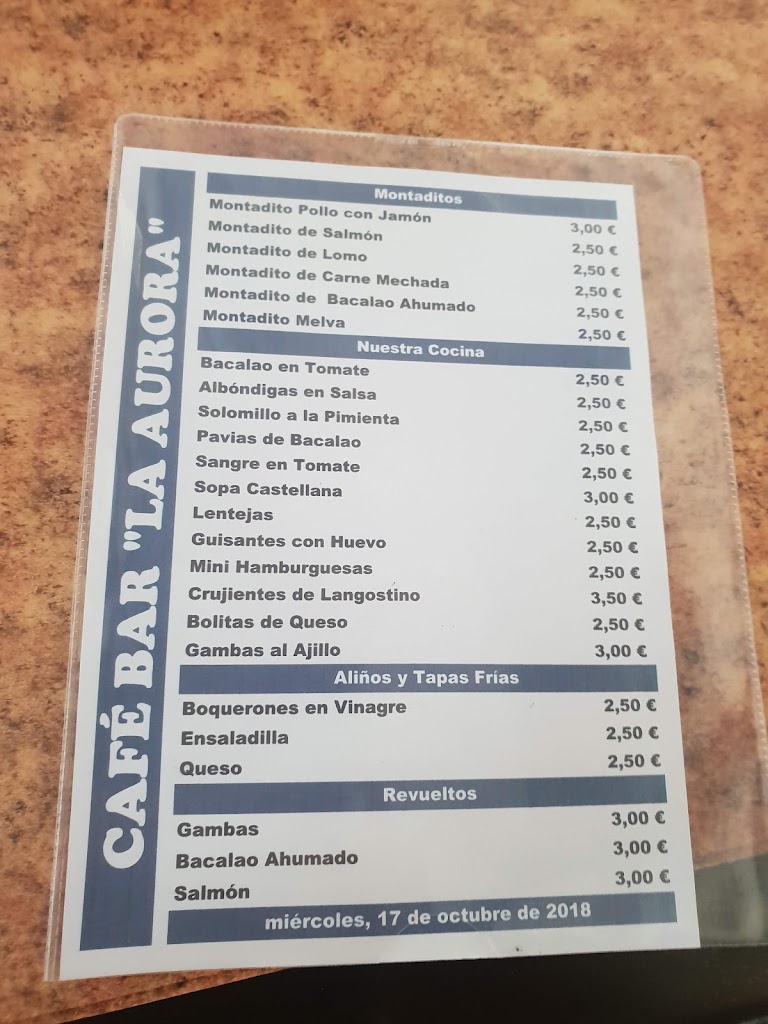 Bar la Aurora — Carta