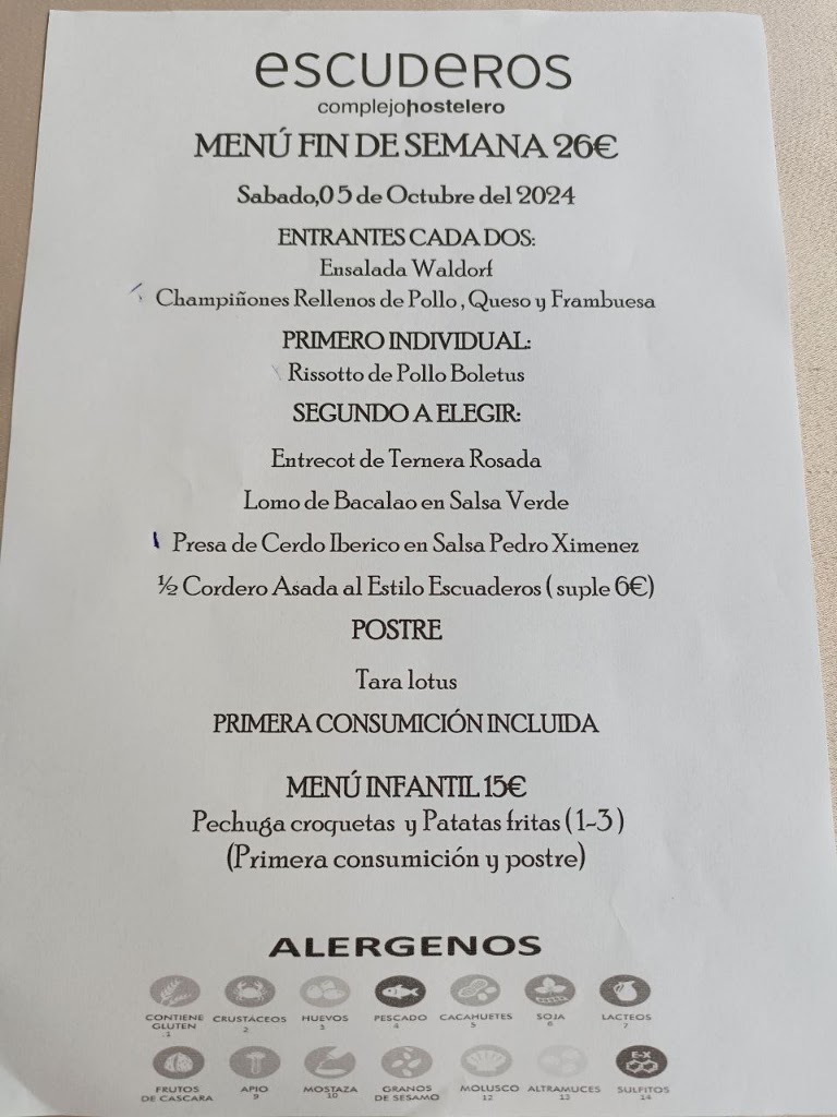 Complejo Hostelero Escuderos — Carta