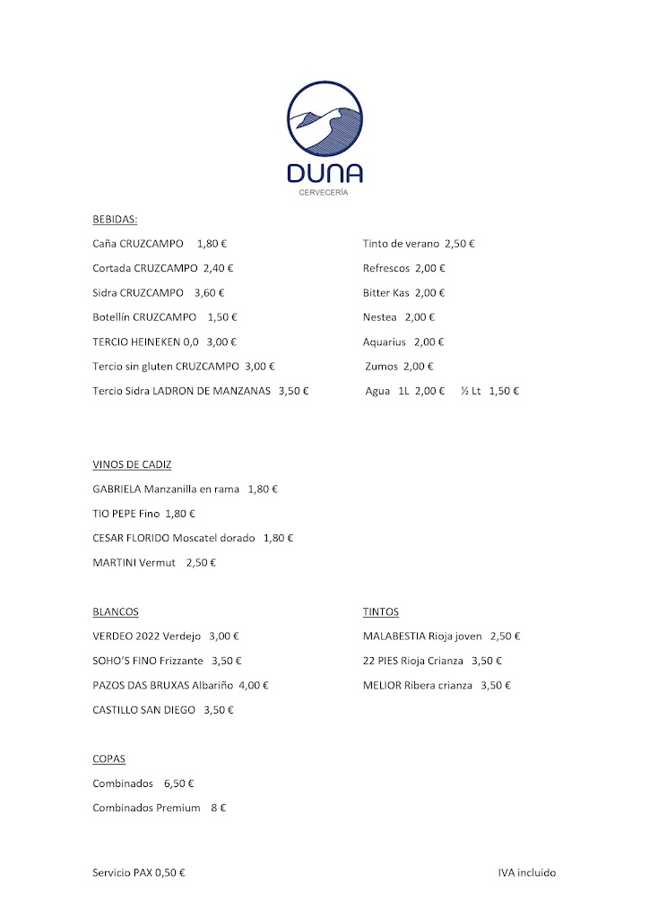 Cerveceria Duna — Carta