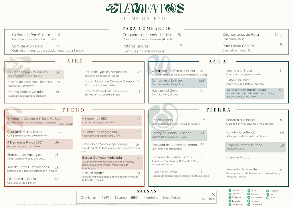 Restaurante 4 Elementos Tui — Carta