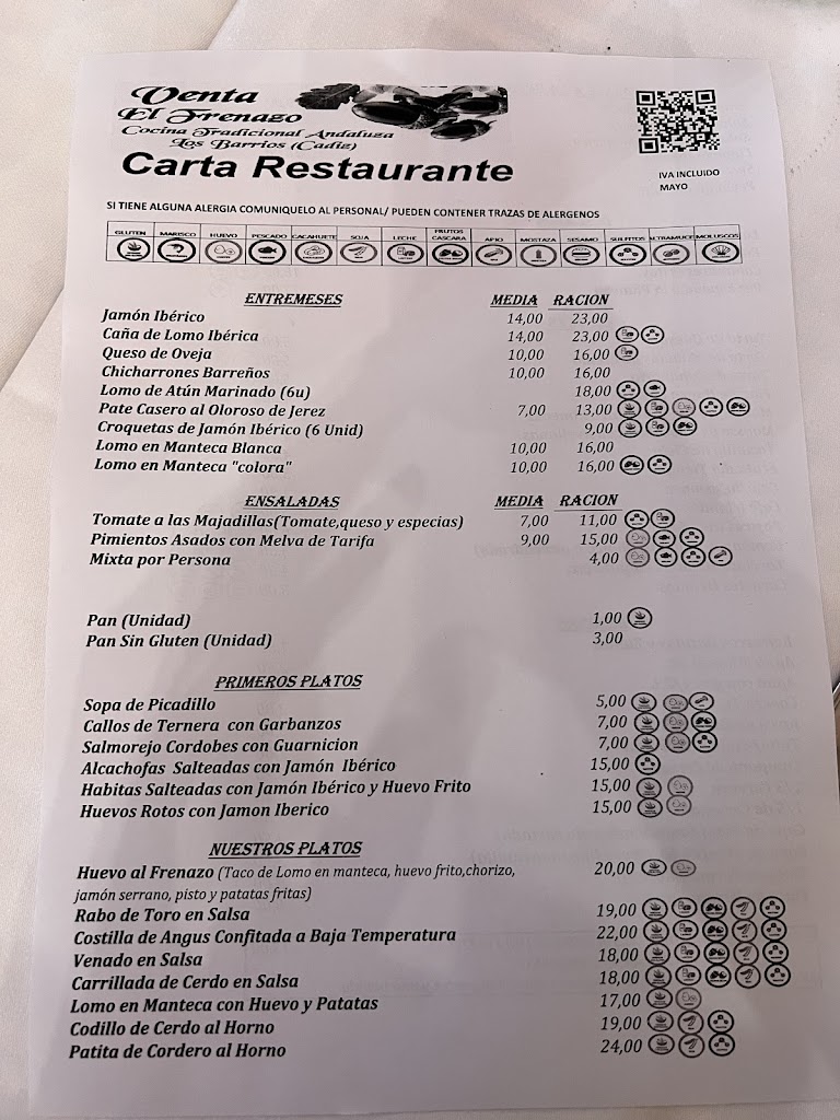 VENTA EL FRENAZO LOS BARRIOS RESTAURANTE — Carta