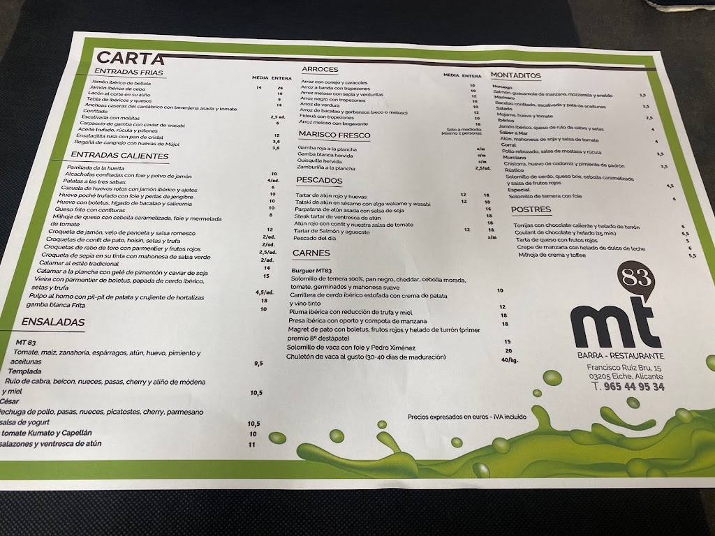 Mt83 Restaurante — Carta