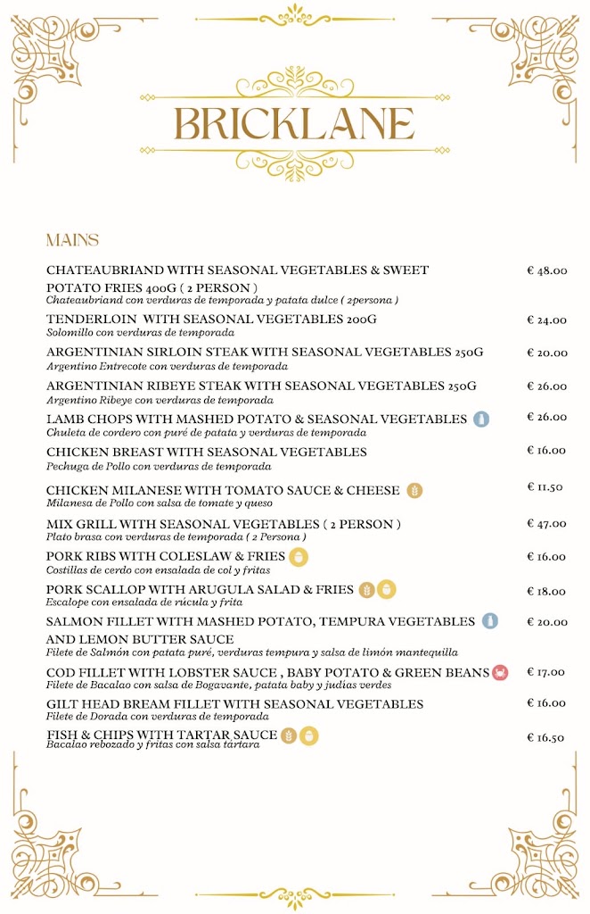 Bricklane Steak and Grill — Carta