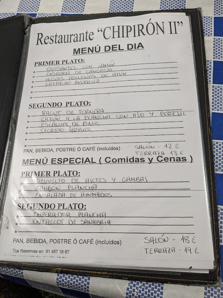 Restaurante El Chipiron II — Carta