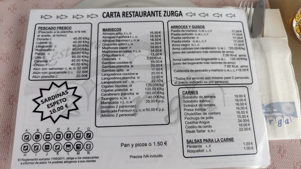 Restaurante Zurga — Carta