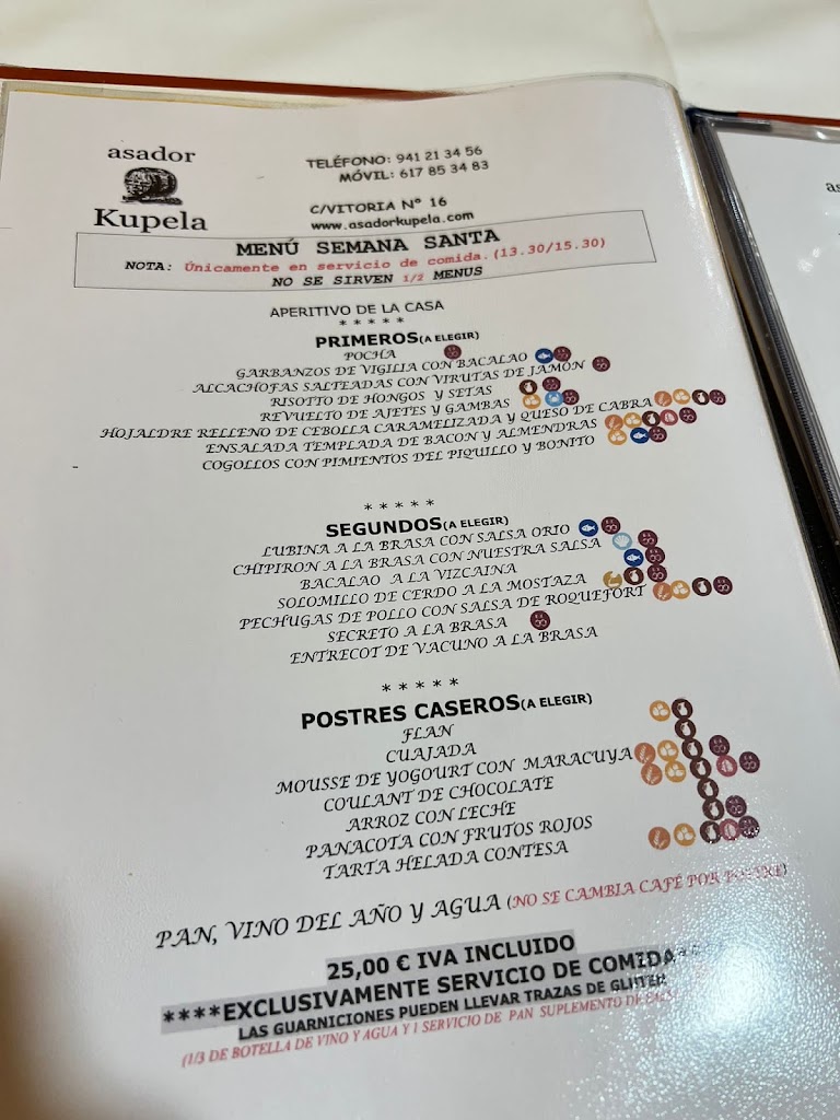 Asador Kupela — Carta
