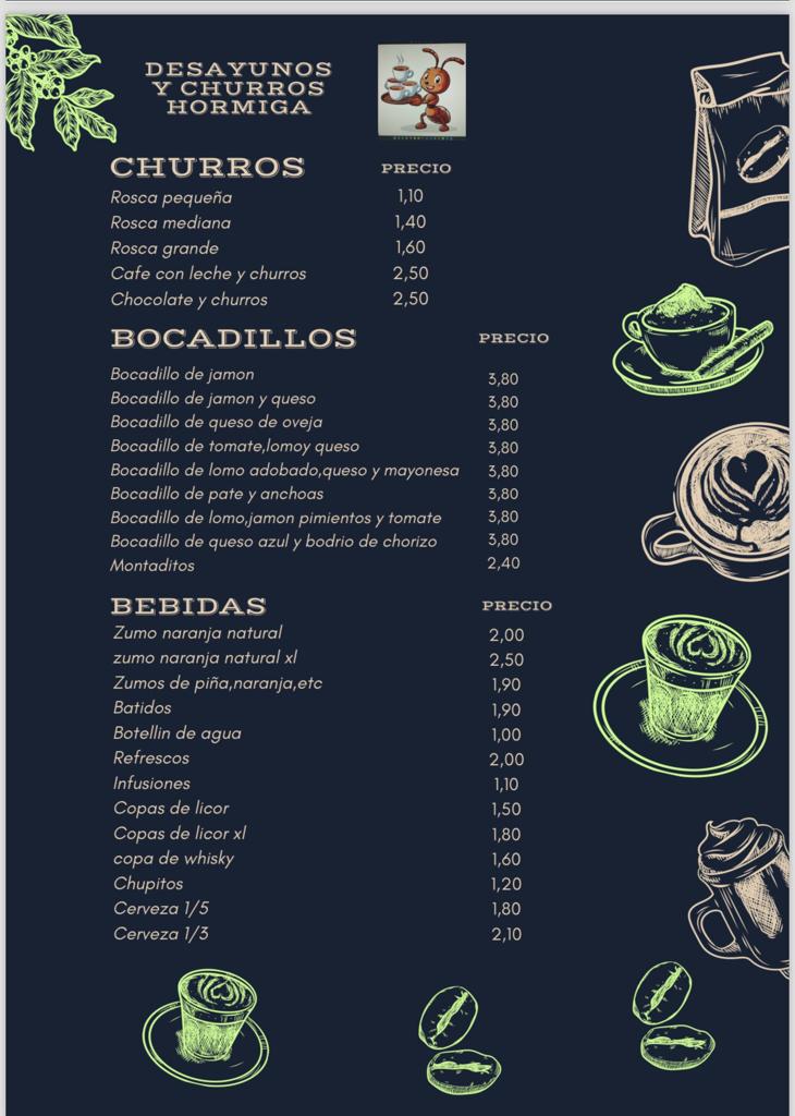 Desayunos y churros Hormiga — Carta