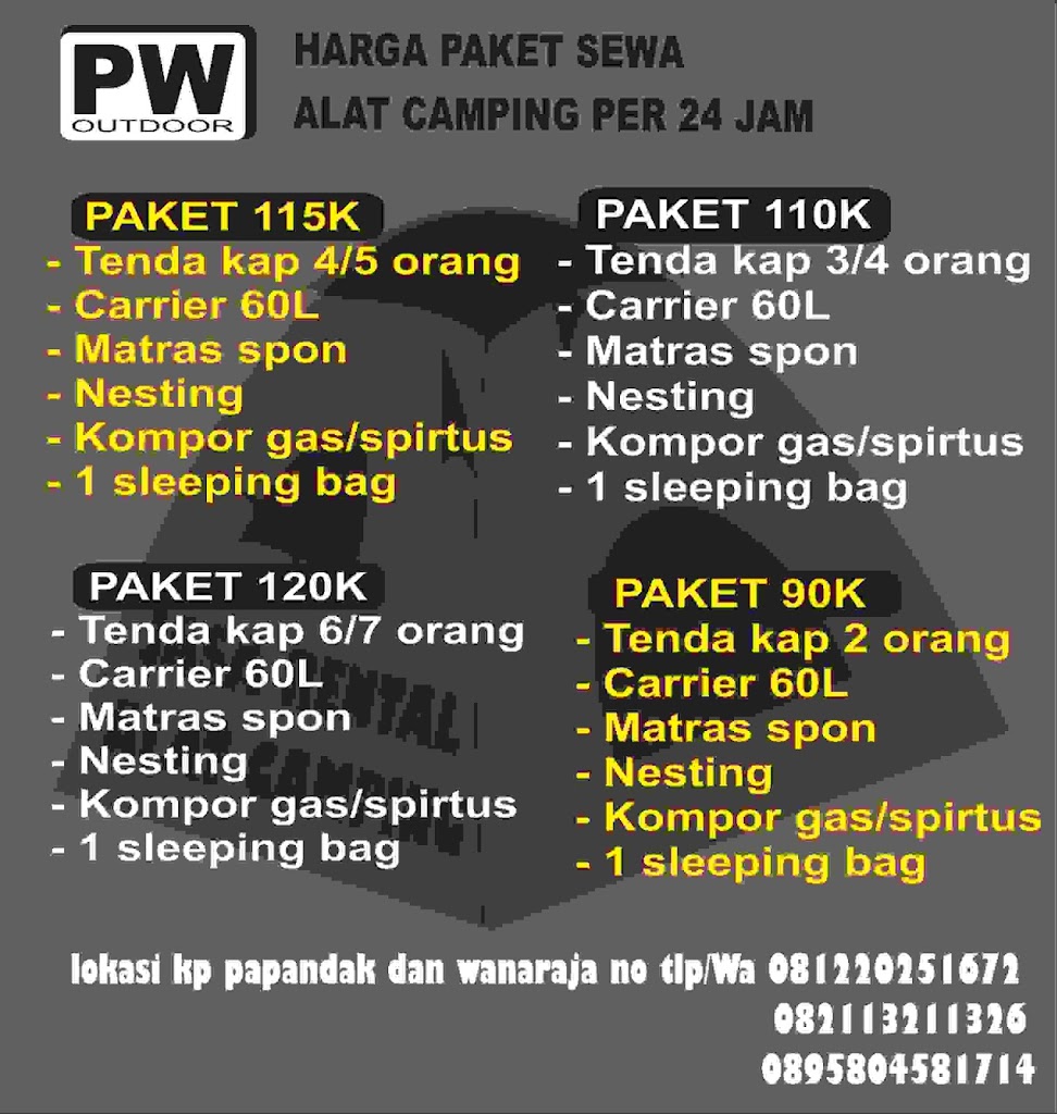 Rental alat camping, PW outdoor