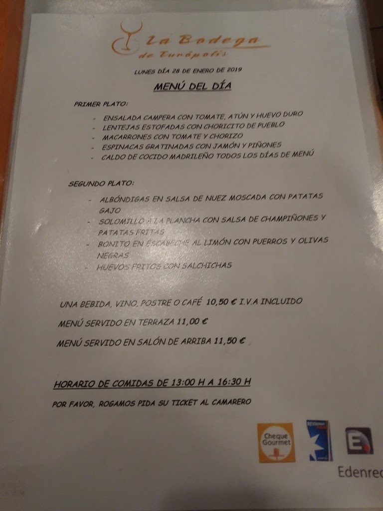 Restaurante La Bodega de Europolis — Carta