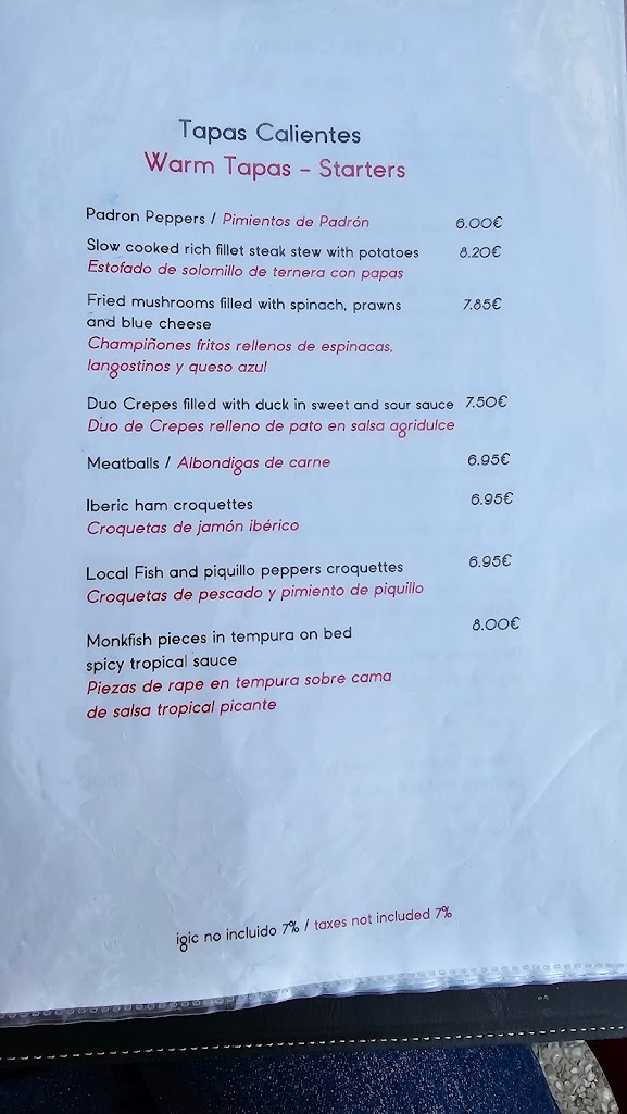 Restaurante Sebastian — Carta