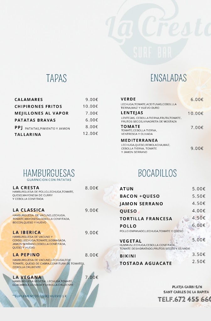 Xiringuito La Cresta Surf Bar — Carta