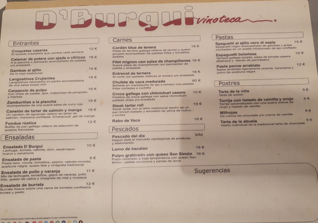 D'Burgui - Vinoteca — Carta