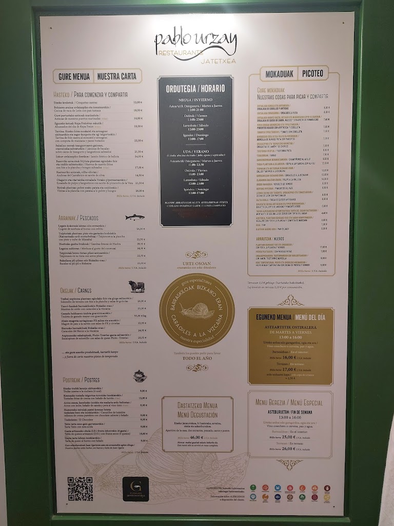 Restaurante Pablo Urzay — Carta