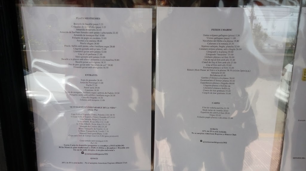 Restaurante Hispania — Carta