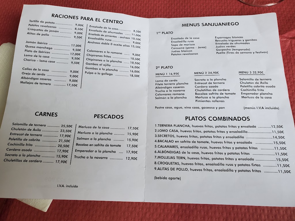 Restaurante Sanjuaniego — Carta