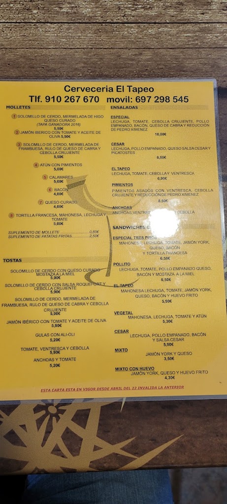 Cerveceria El Tapeo — Carta