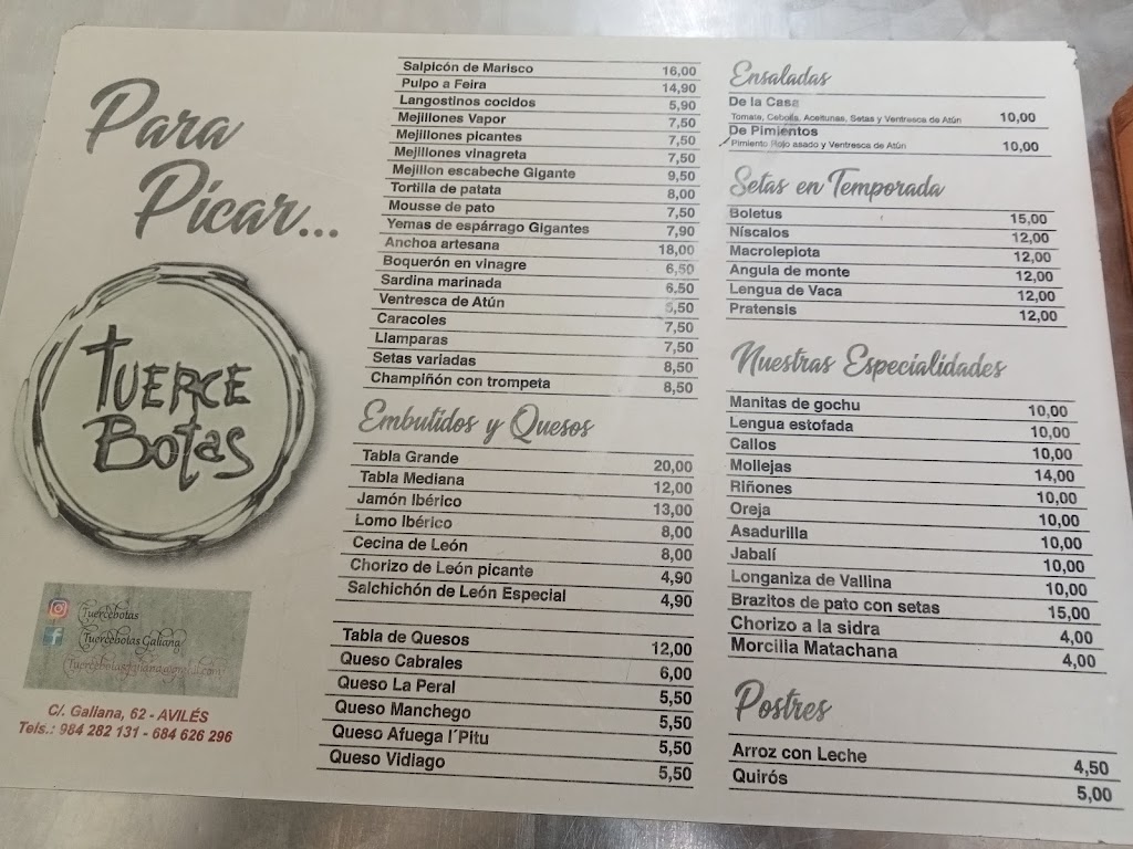 Bar Tuercebotas — Carta