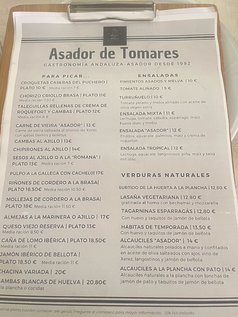 Asador de Tomares — Carta
