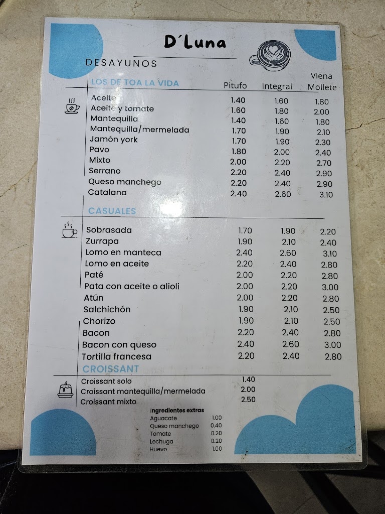 Restaurante D'Luna — Carta