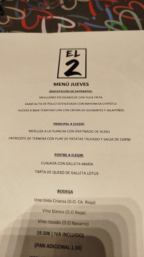 Restaurante El 2 — Carta