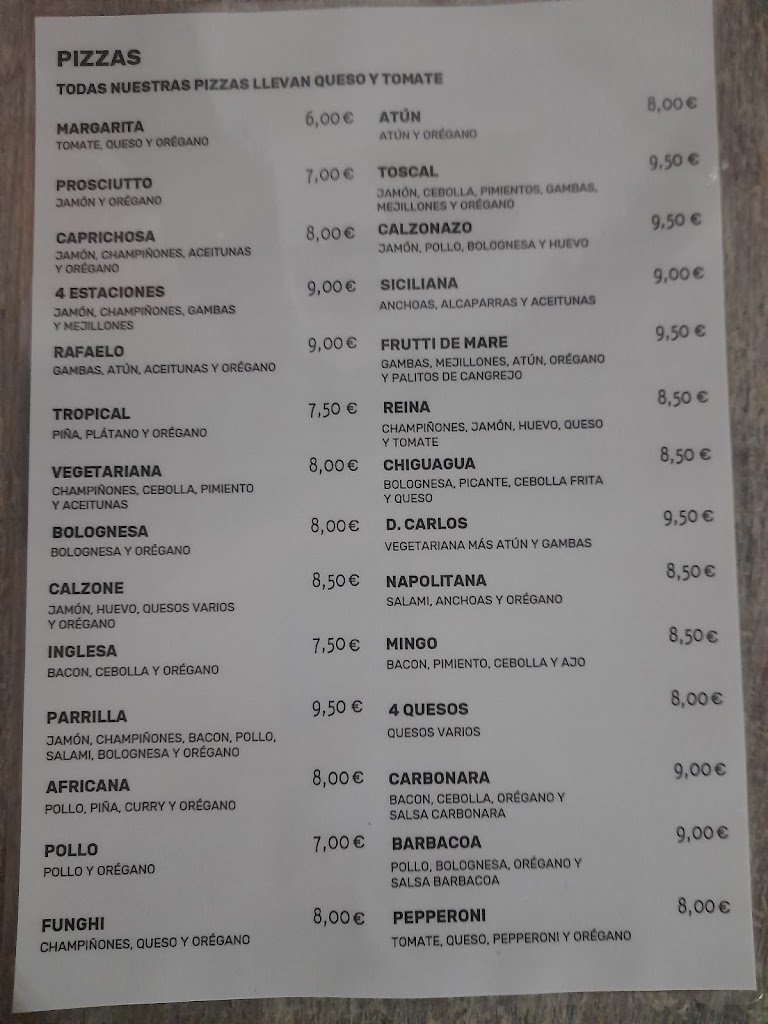 Restaurante Pizzeria Toscal — Carta