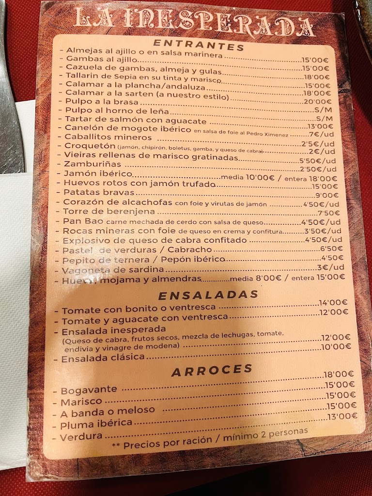 Restaurante La Inesperada — Carta