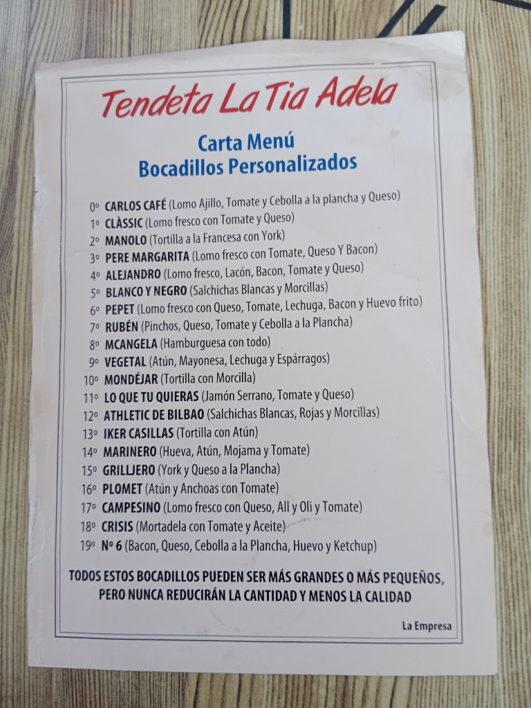 Tendeta La Tia Adela — Carta