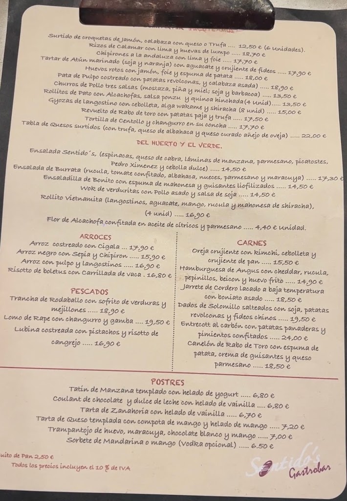 Sentidos Gastrobar — Carta