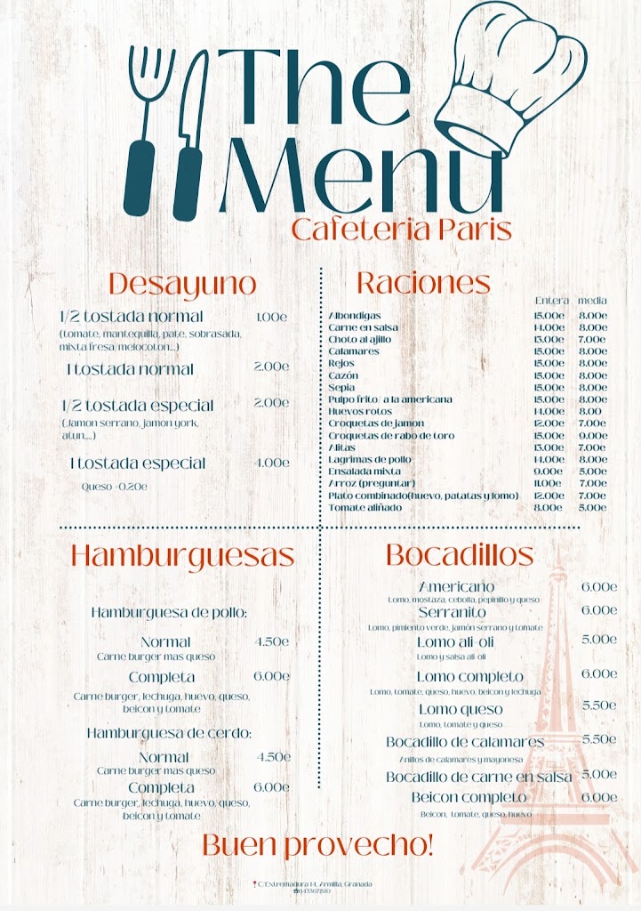 Cafeteria Cerveceria Paris — Carta