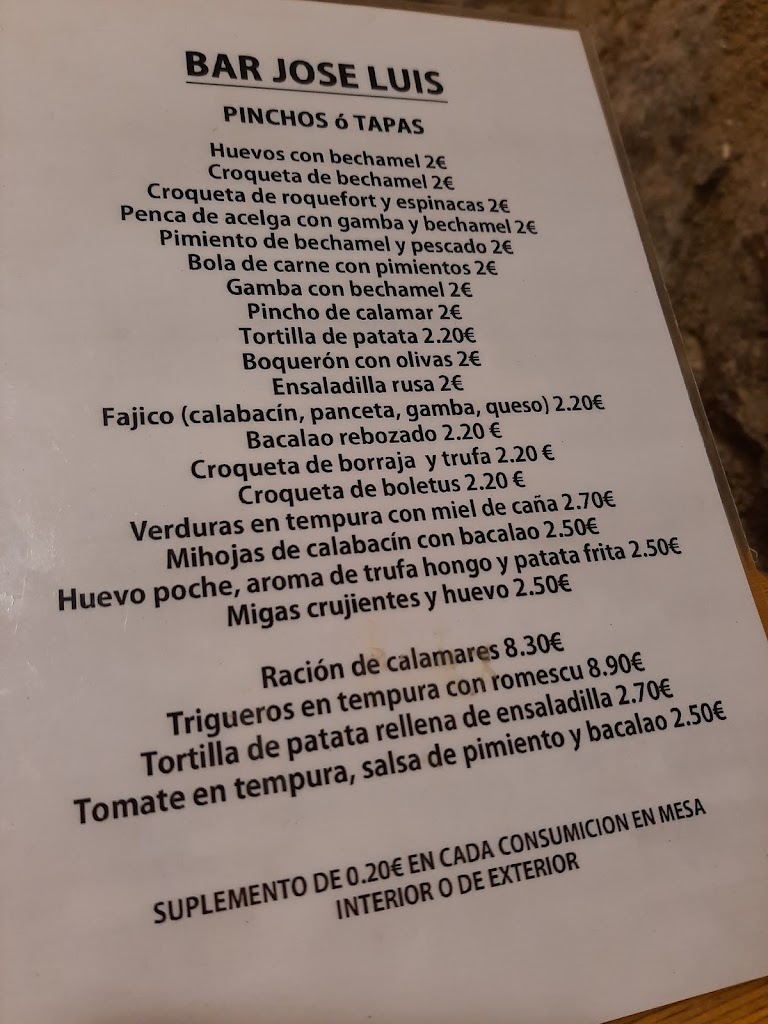 Bar Jose Luis — Carta